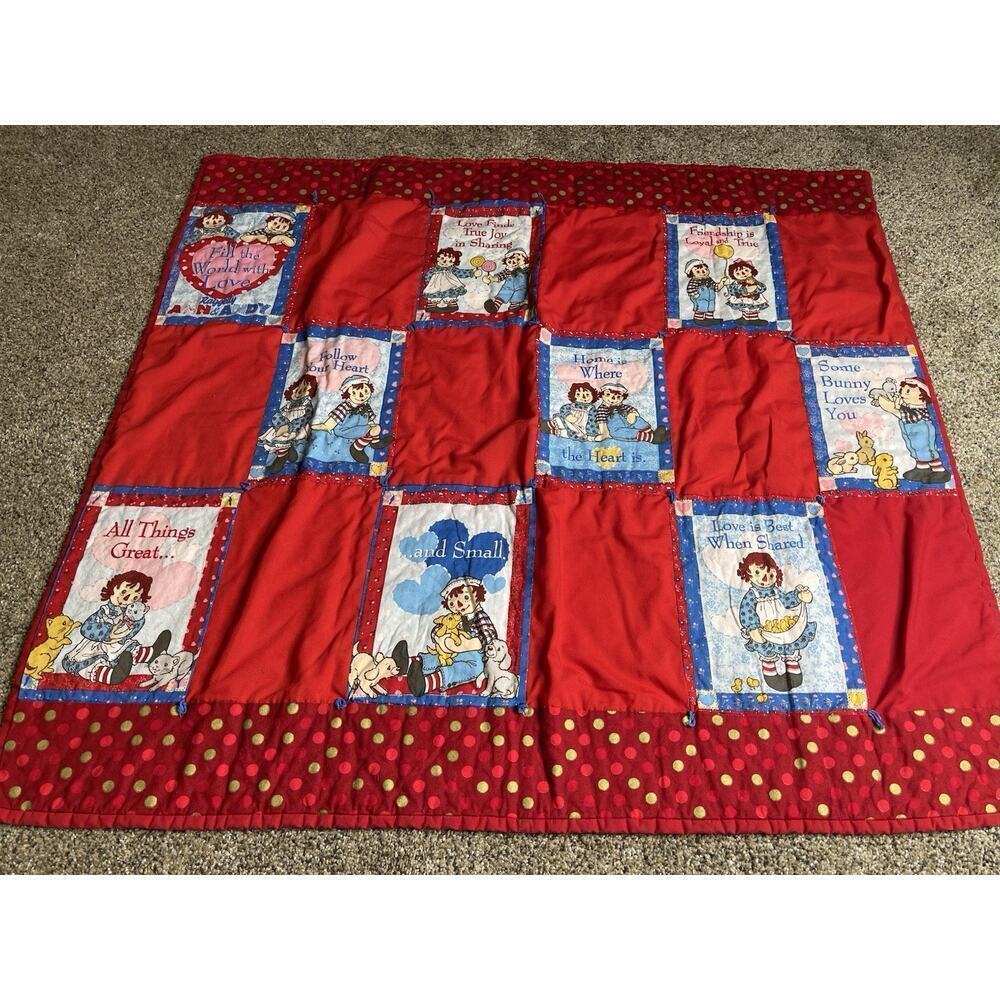 Handmade Raggedy And Andy Lap Quilt Blanket Bright Red Vintage 36in X 34in